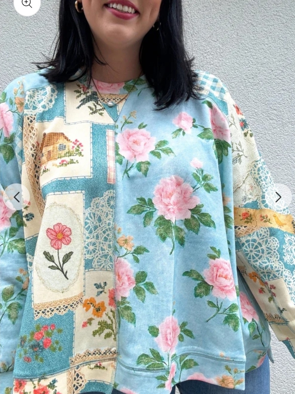 NEW! Davi & Dani Charmed Floral Patchwork Oversized Sweatshirt Blue & Pink, NWT - Picture 2 of 6